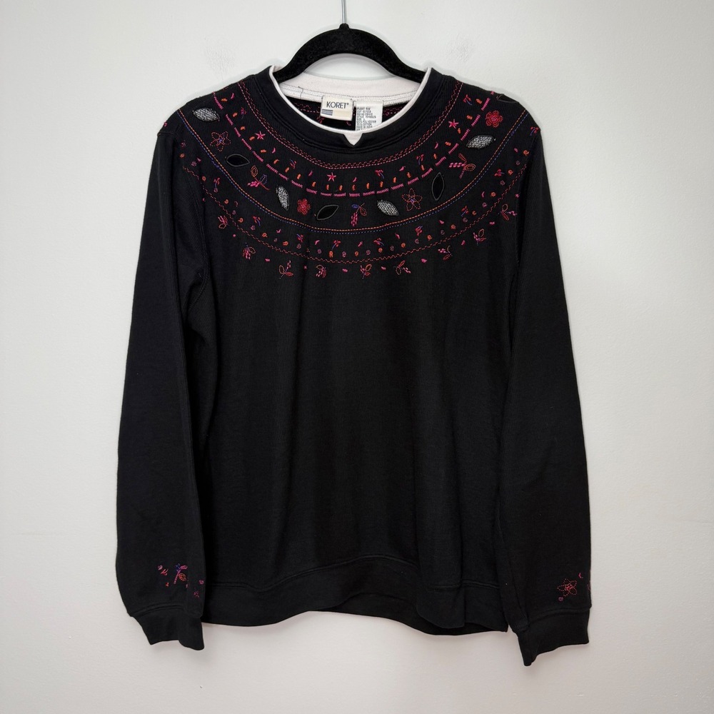 Koret Womens Black Embroidered Floral Crew Neck Sweater Size Large